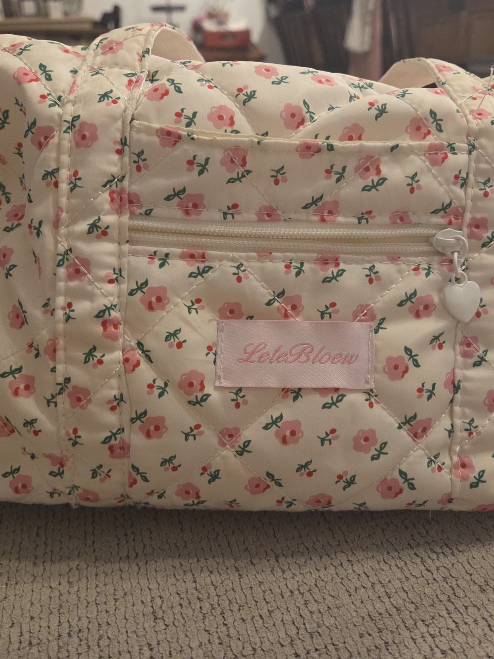 Quilted Floral Cosmetic Bag in Cream and Pink